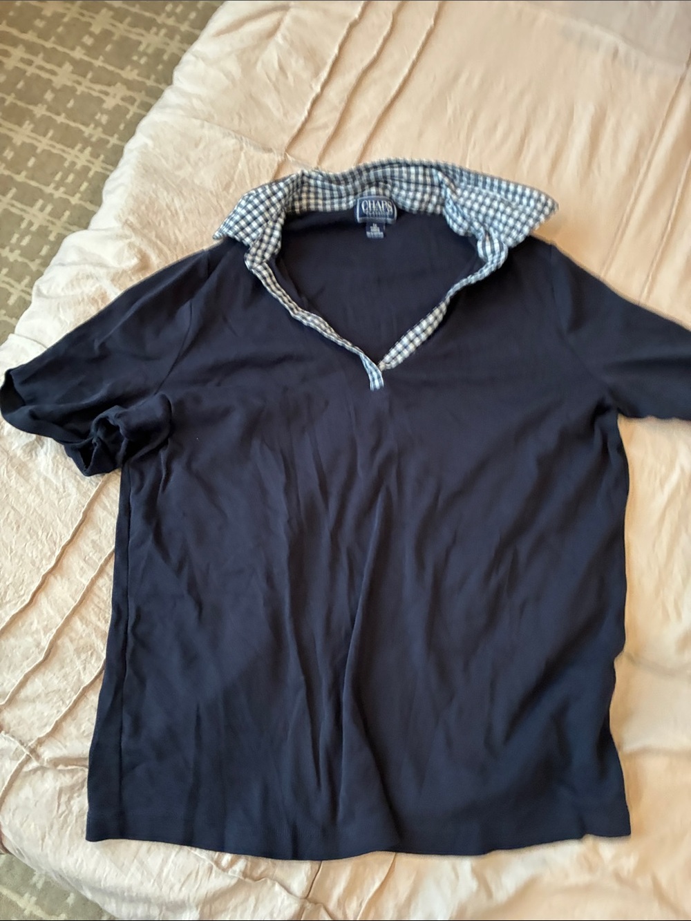 Chaps Navy Polo with Blue-and-White Gingham Collar